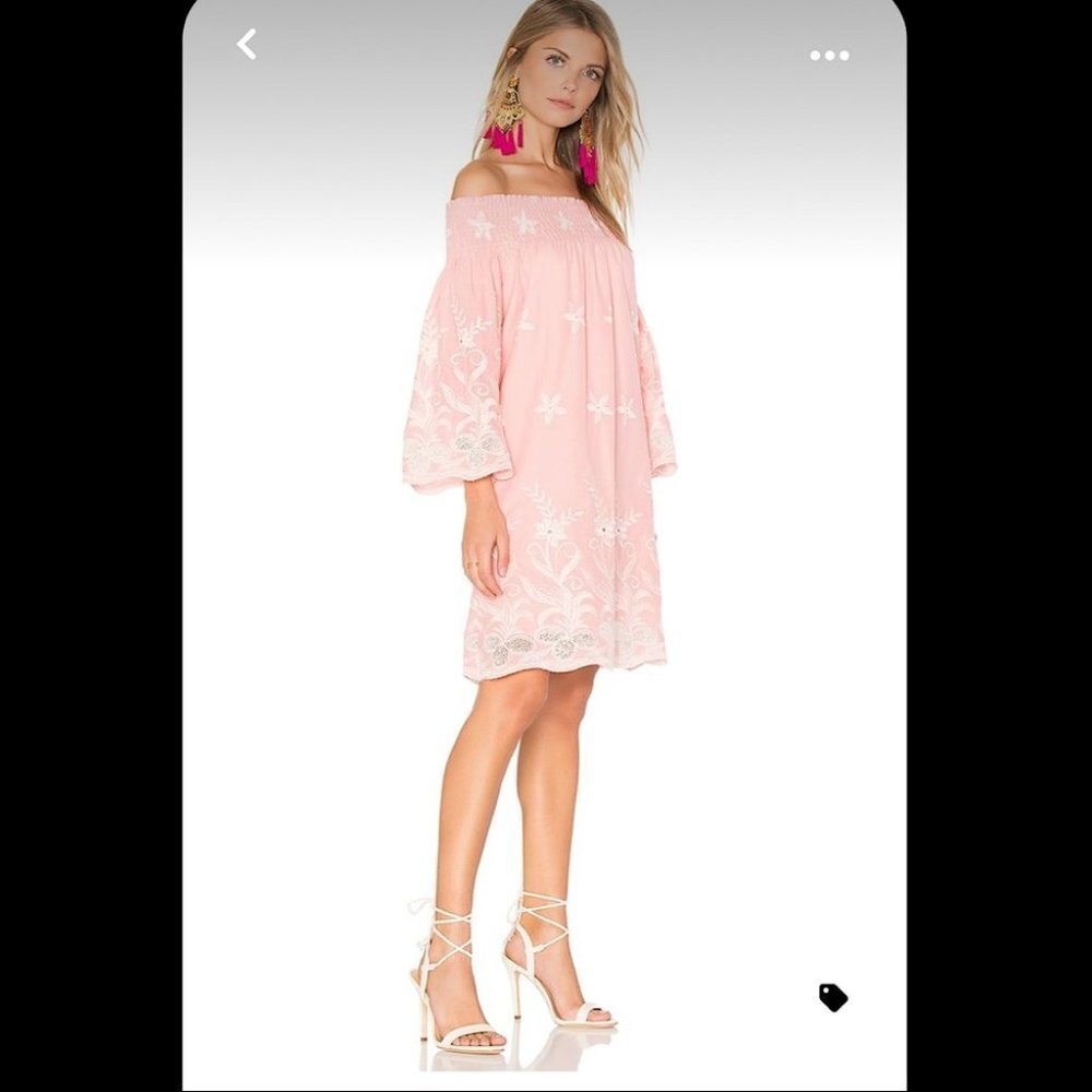 MISA Los Angeles // Angelica Pink Floral Embroidery Off-Shoulder Mini Dress S